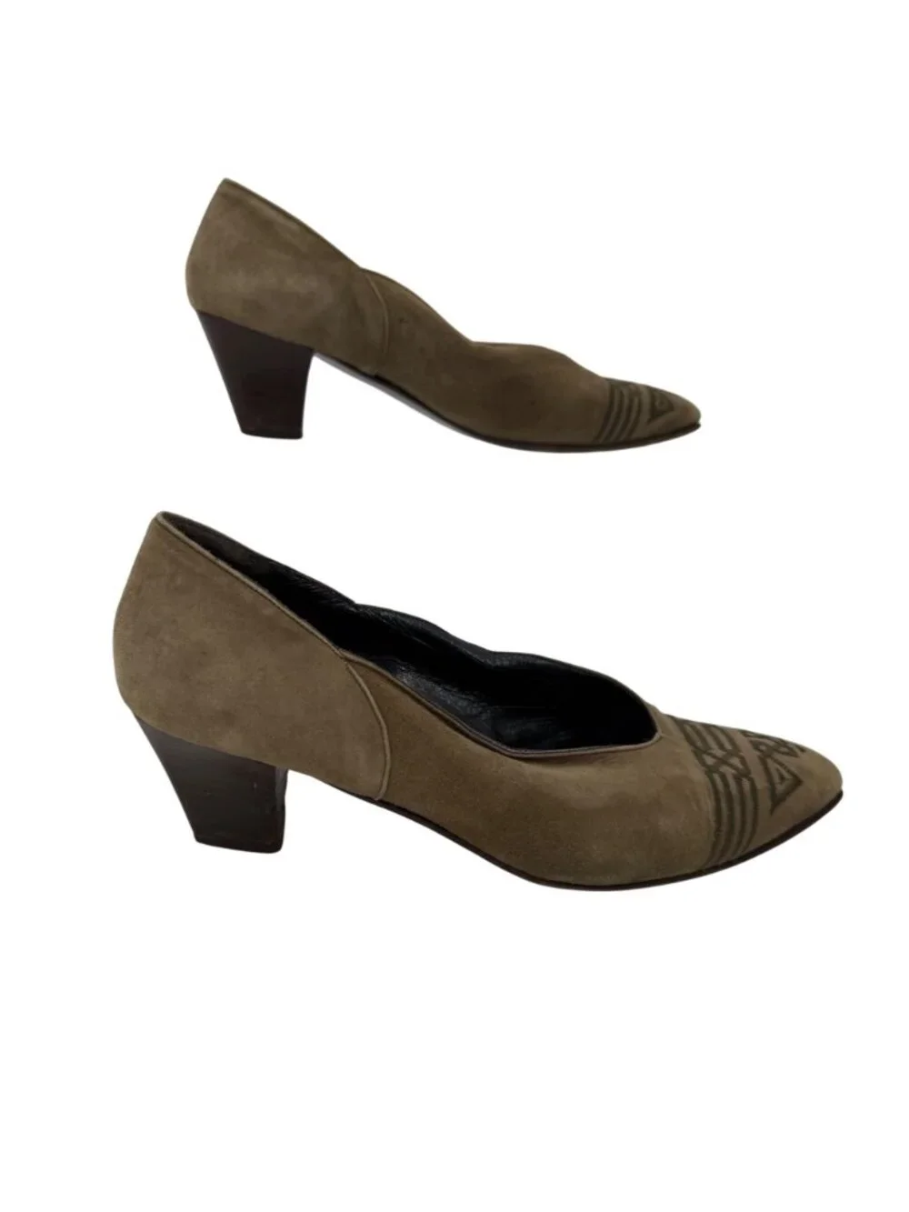 VTG VIOLA ITALIAN OLIVE GREEN SUEDE TRIBAL EMBROIDERED HEELS  - 38 (FITS LK 7)